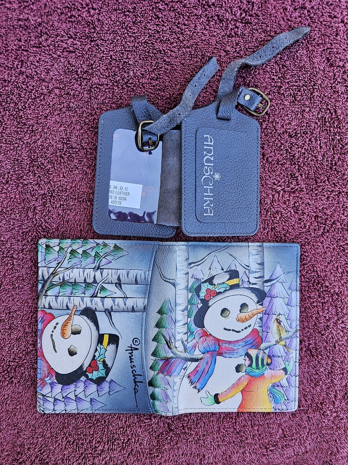 Anuschka Christmas Hand Painted Leather Passport Holder and 2 Luggage Tags