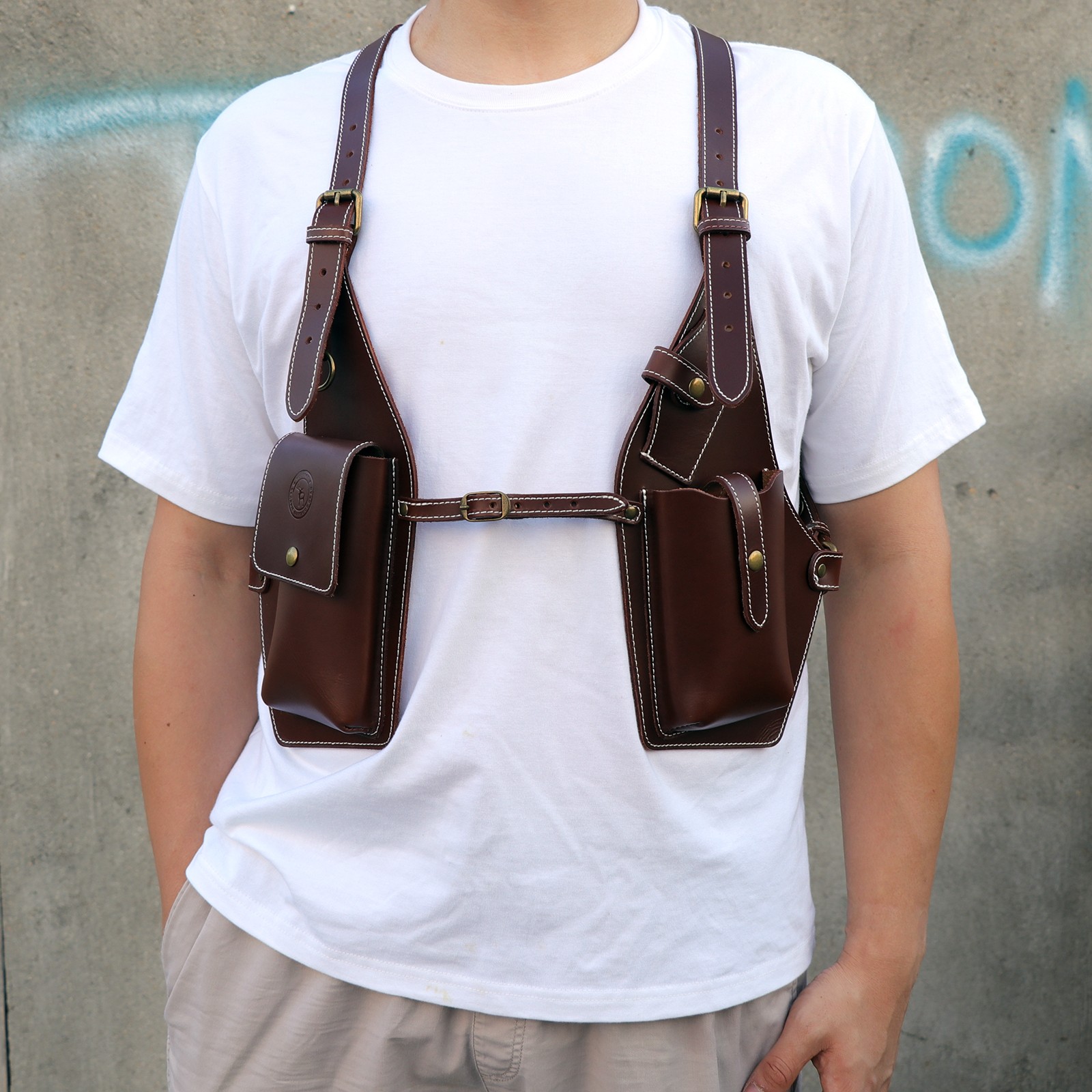 TOURBON Leather Men Carry Harness Underarm Holster Phone Pistol Pouch Suspenders
