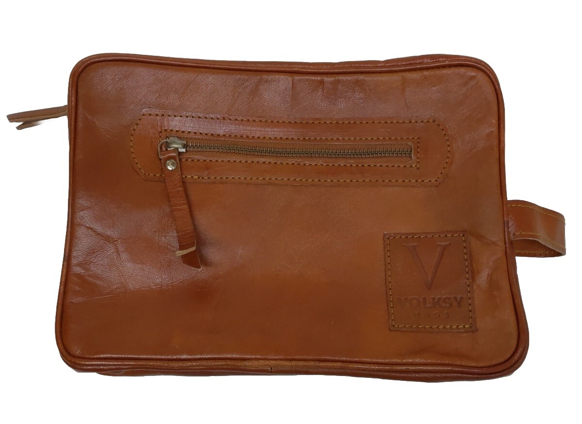 VOLKSY BAGS Toiletry Bag Brown Leather Rectangle Zipper