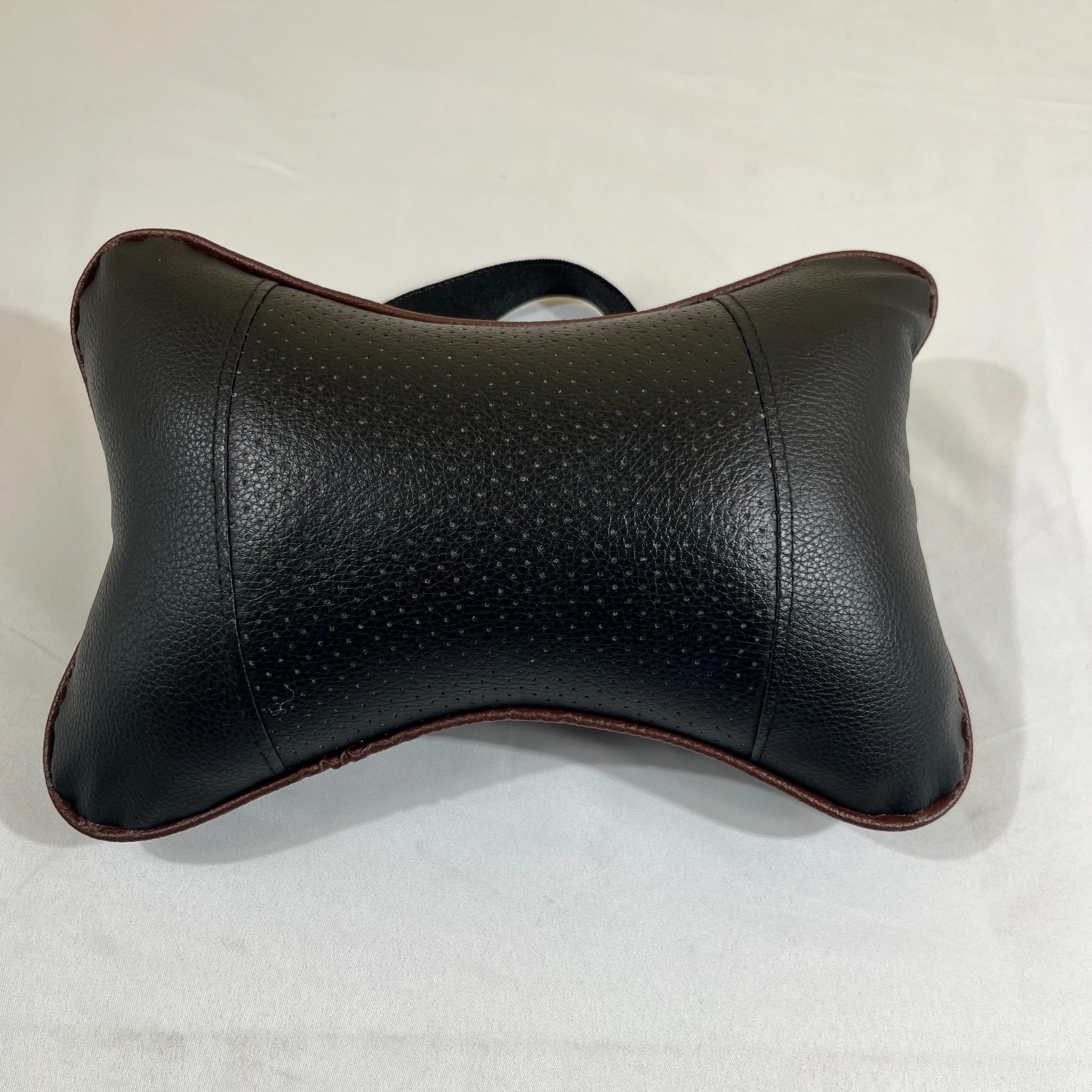 Black Leather Car Neck Pillow Headrest Support Cushion Bone Shape Brown Trim 10″
