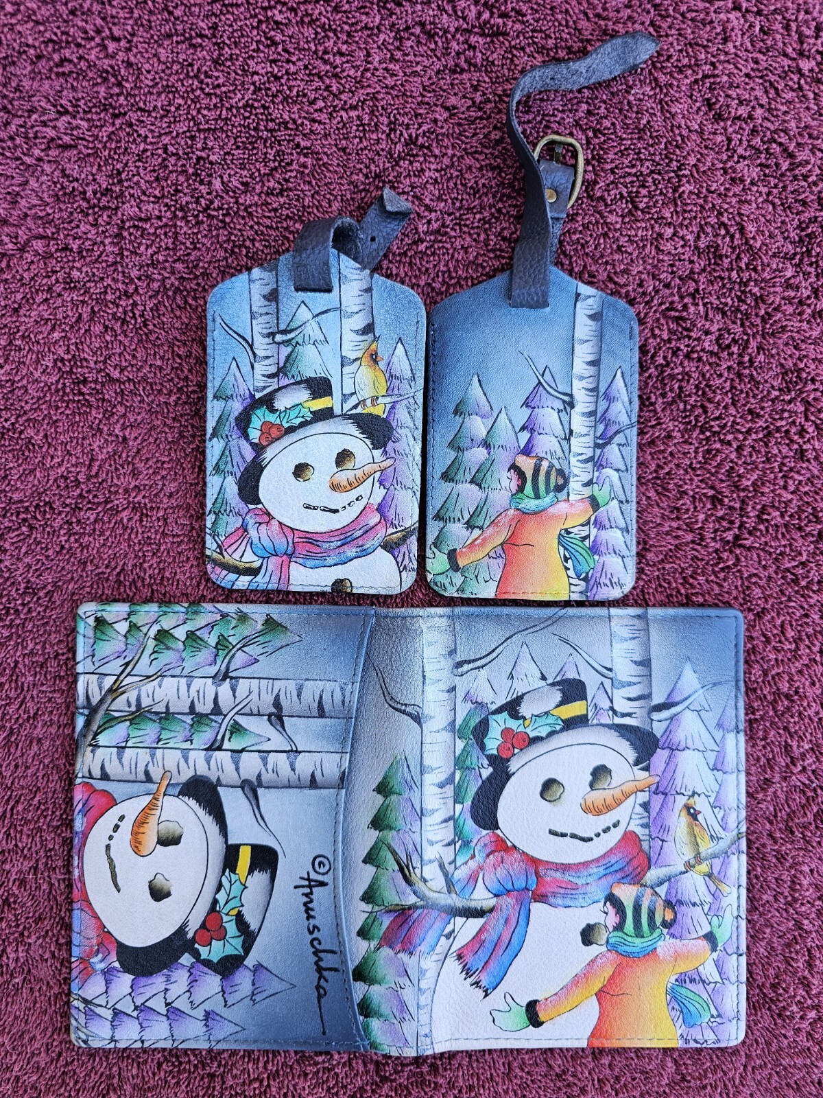 Anuschka Christmas Hand Painted Leather Passport Holder and 2 Luggage Tags
