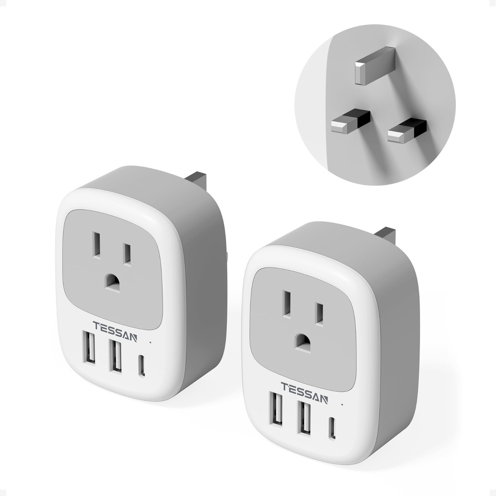 2 Pack UK Travel Adapters, 3 USB Ports (1 USB-C), Type G Plug for US to UK & Ire