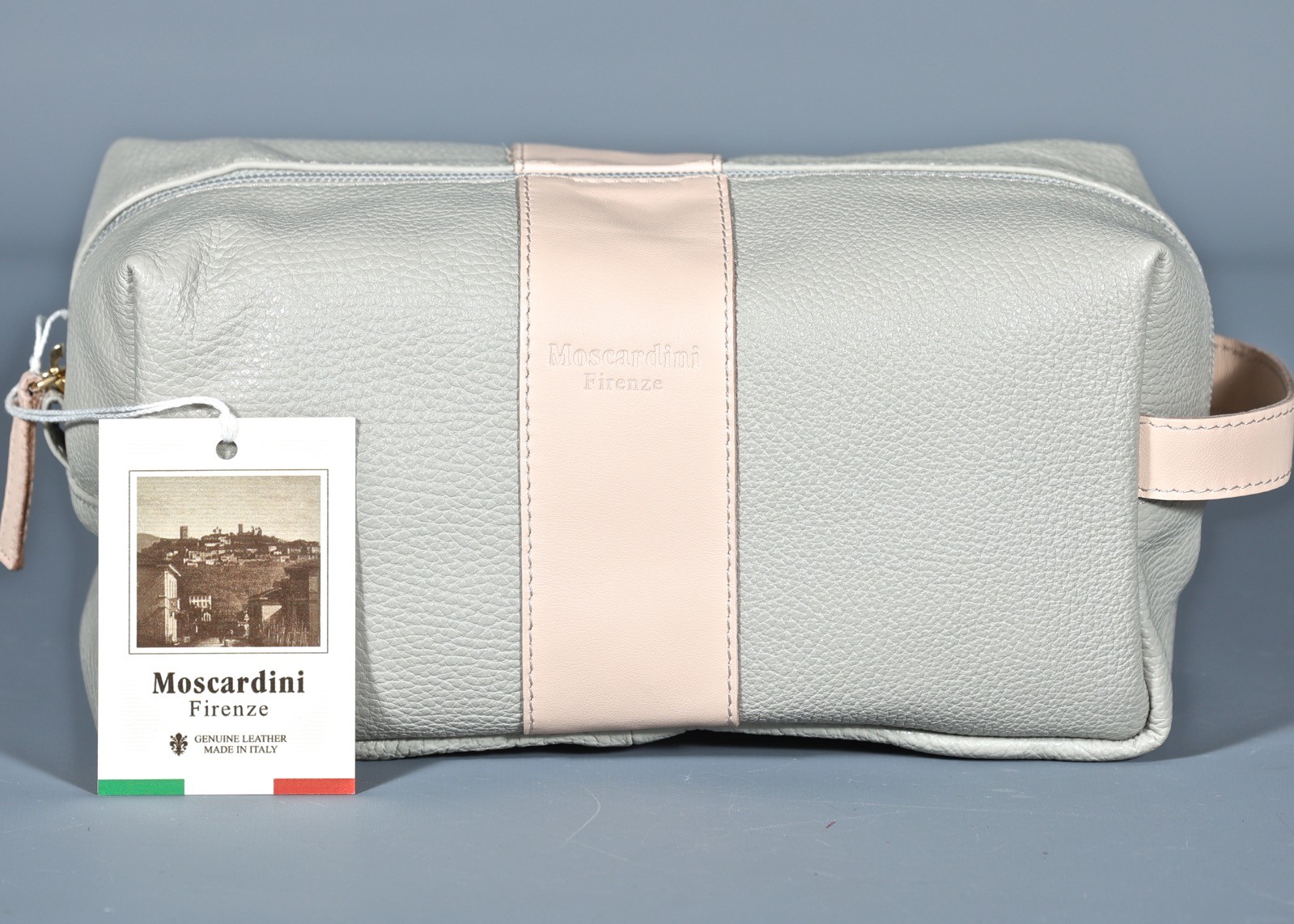 MOSCARDINI FIRENZE GREY Leather Top Zip Unisex Toiletries Handle Bag ITALY