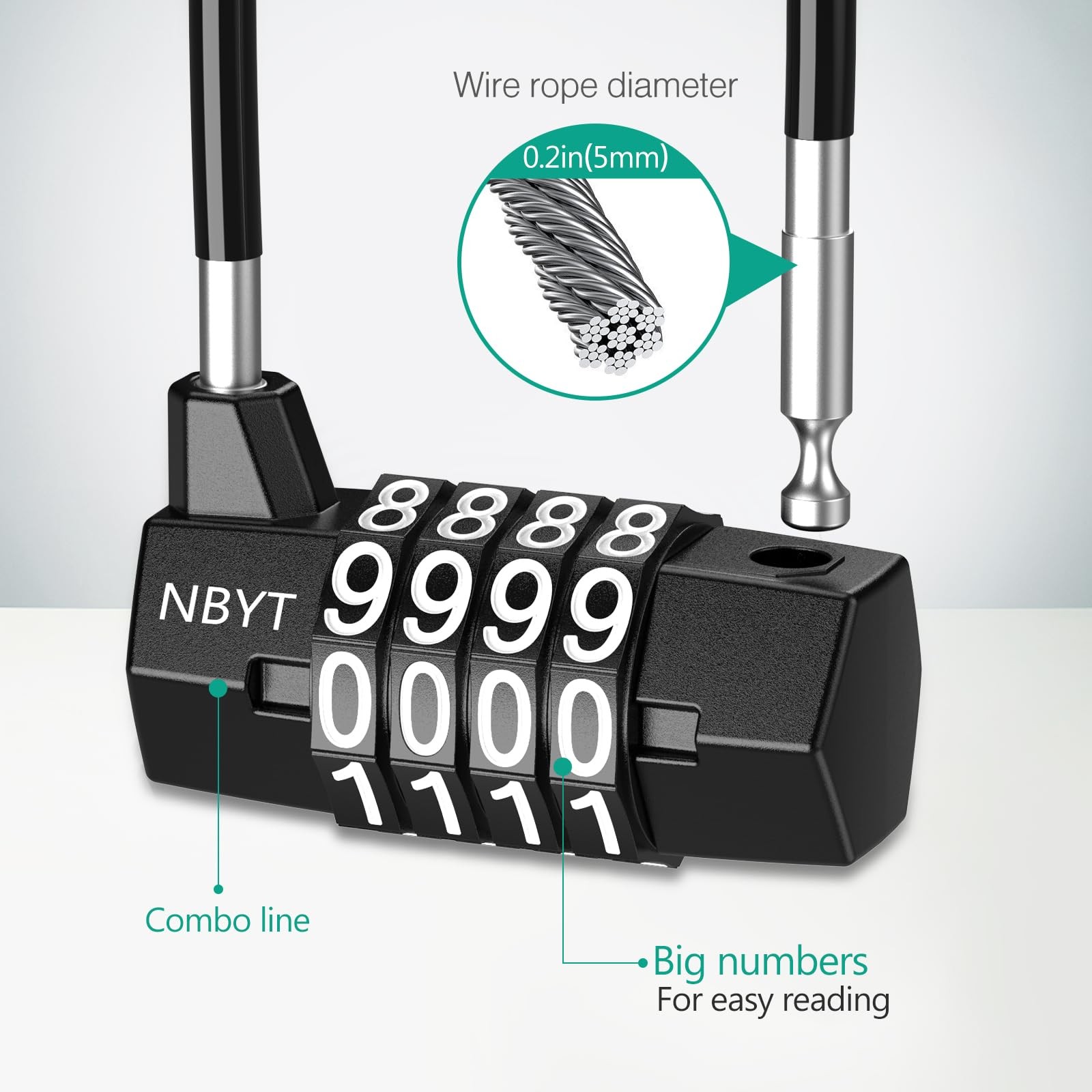 Long Shackle Padlock, 4 Digit Combination Lock with Steel Cable, Resettable H.