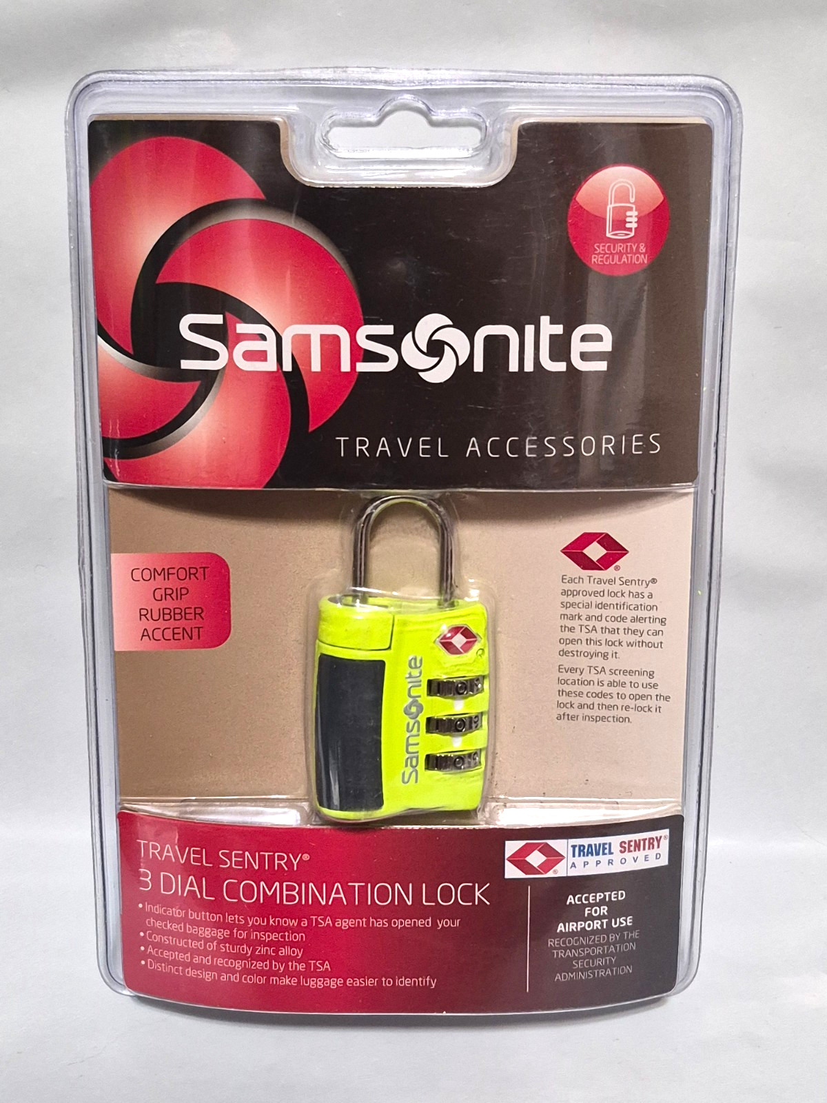 SAMSONITE Travel Sentry TSA Approved 3 Dial Combination Luggage Lock NEON YELLOW