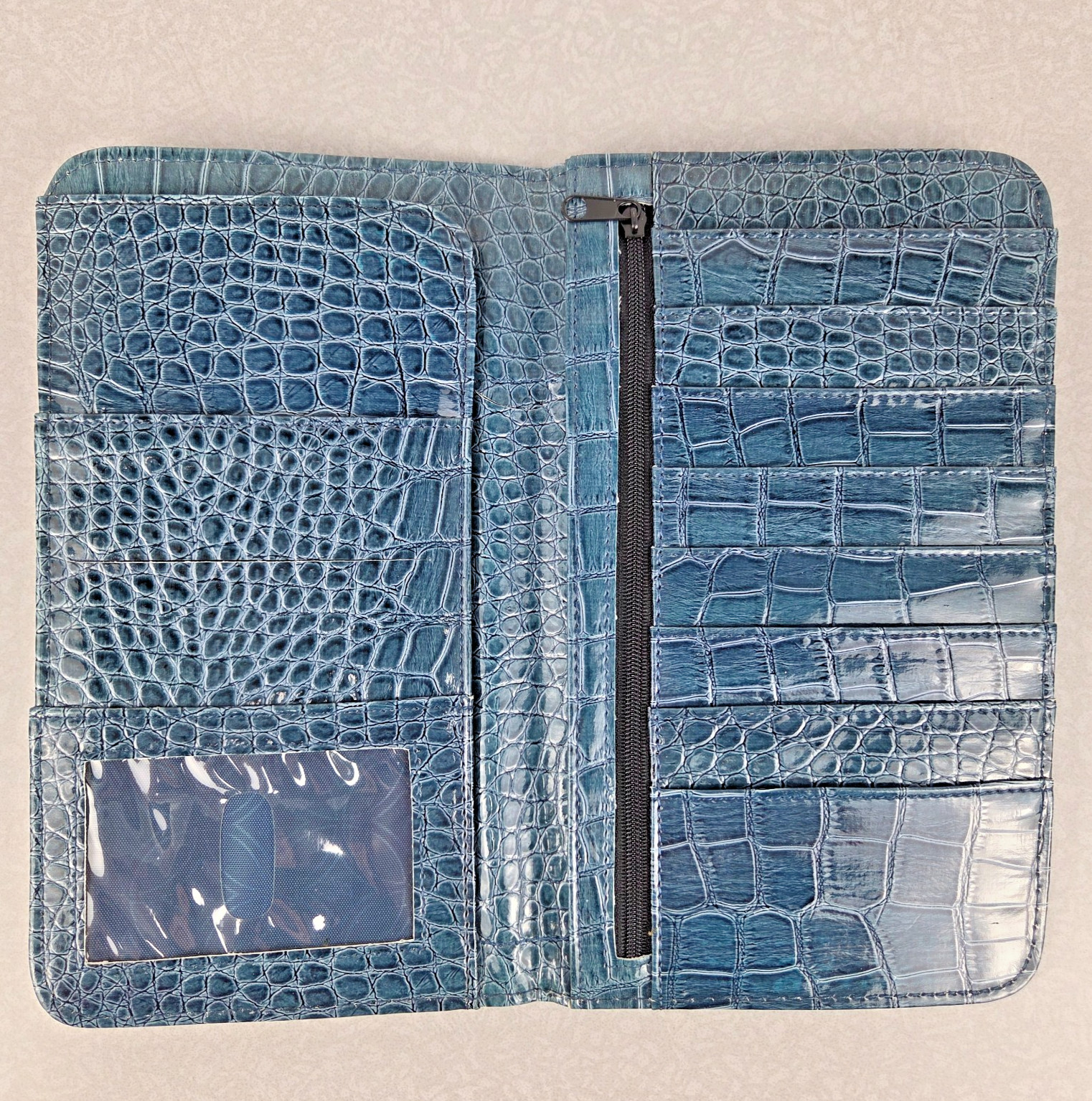 Crocodile Faux Leather Passport Card Holder Zipper Pocket Reptile Alligator Blue