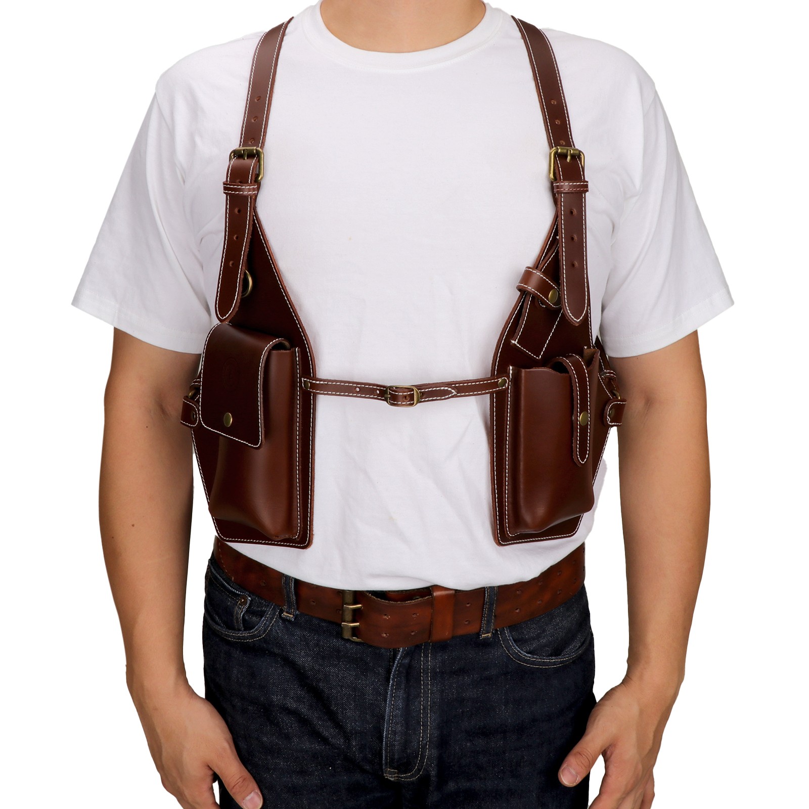 TOURBON Leather Men Carry Harness Underarm Holster Phone Pistol Pouch Suspenders