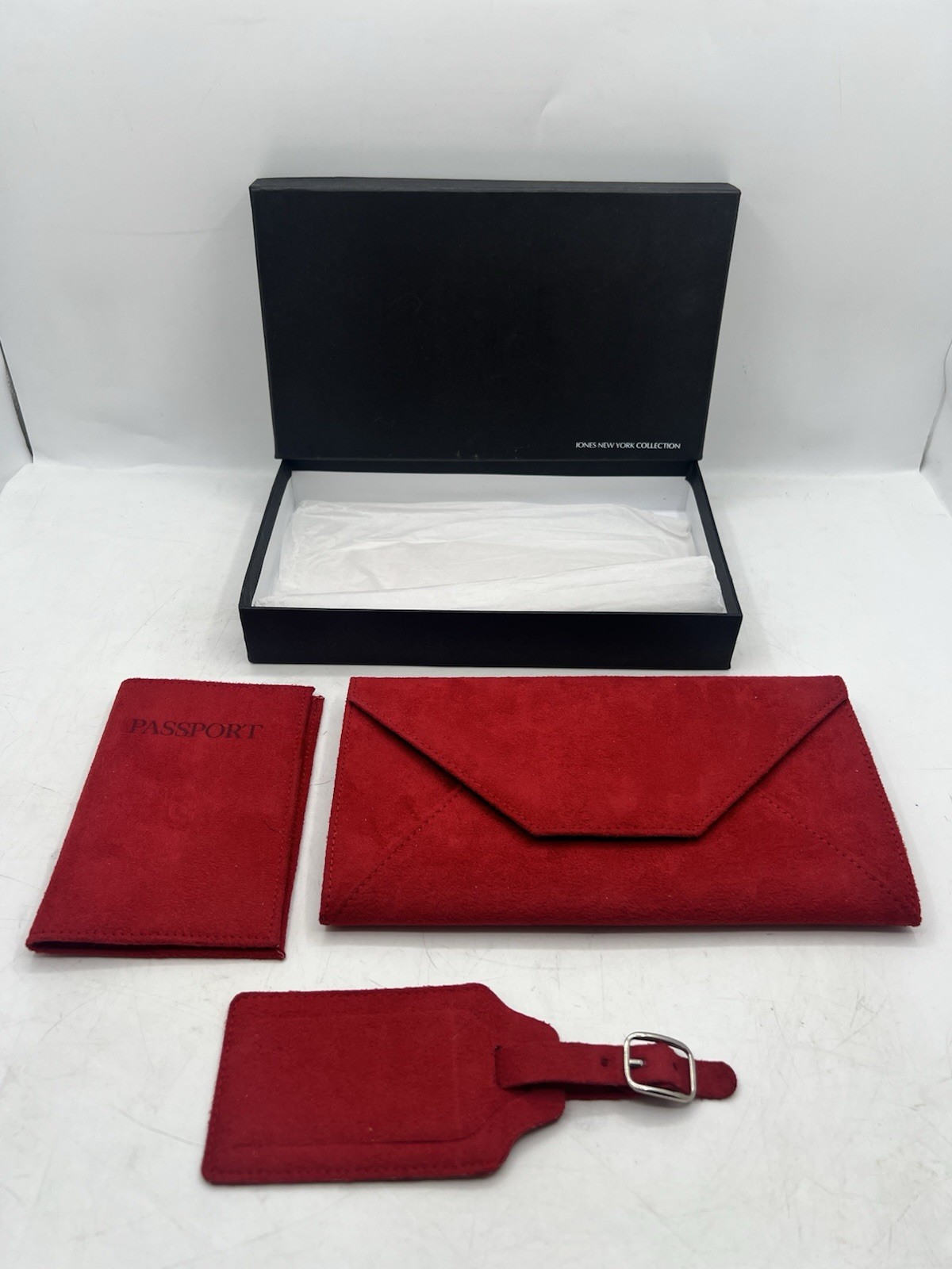 Jones New York Travel Trio,Red Faux Suede Bag,Passport Case, Luggage Tag, Boxed