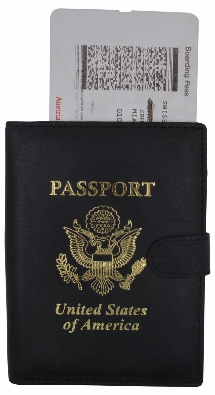 Leather Black Passport Holder Cover Case Wallet USA Embedded Logo Travel U.S Wal