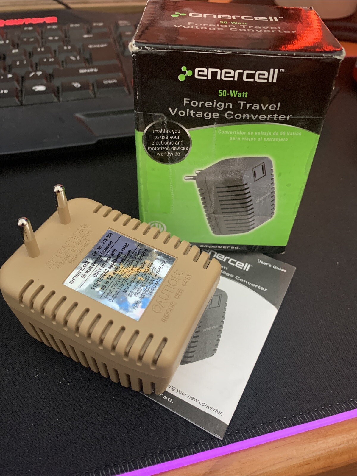 Enercell 50 Watt Foreign Travel Voltage Converter 273-359. Beige unit; green box