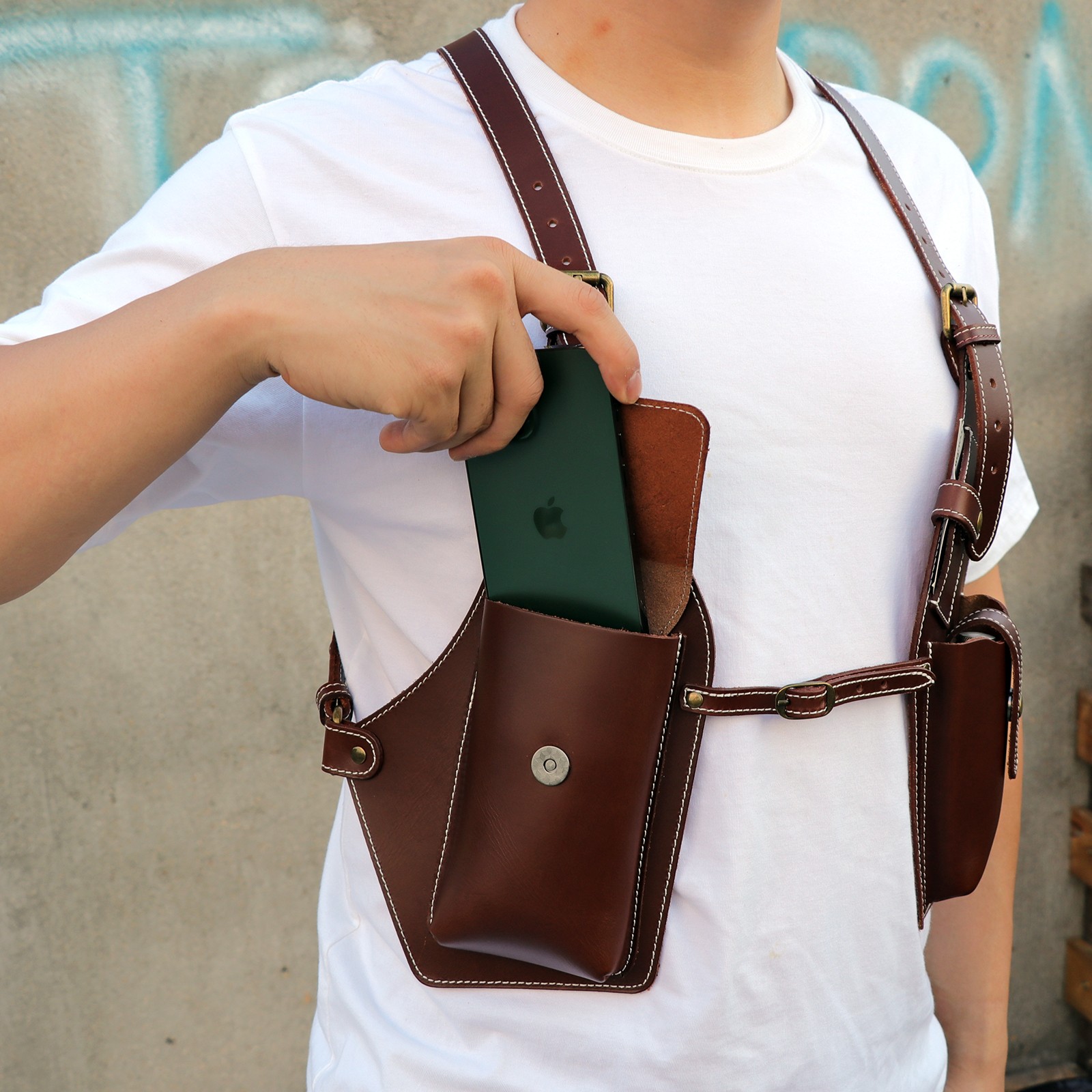 TOURBON Leather Men Carry Harness Underarm Holster Phone Pistol Pouch Suspenders
