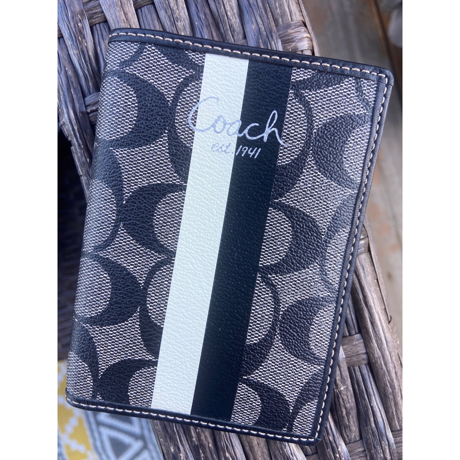 Coach Heritage Stripe Passport Case Wallet Signature Canvas Black Charcoal
