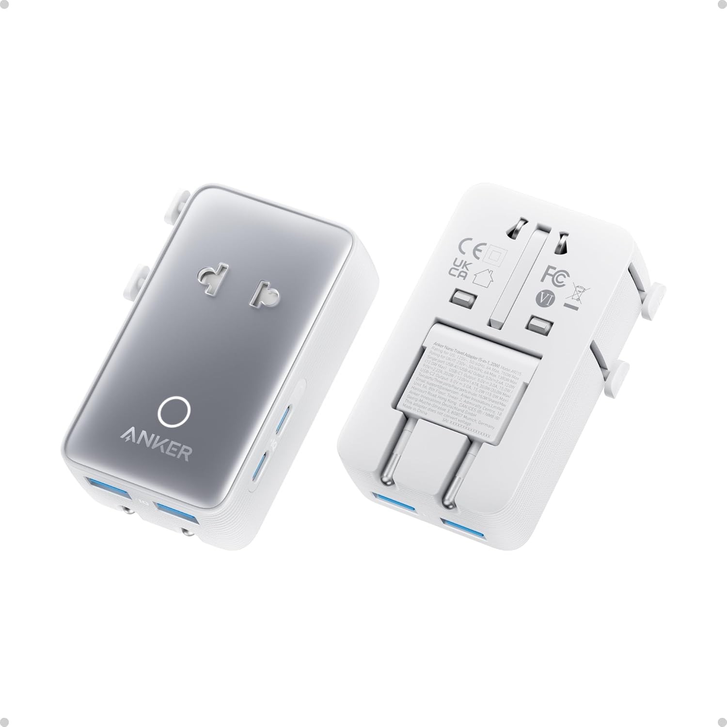 Anker Nano Travel Adapter 5-Port Plug w/ 1 AC+2 USB-A+2 USB-C Smart Temp Control