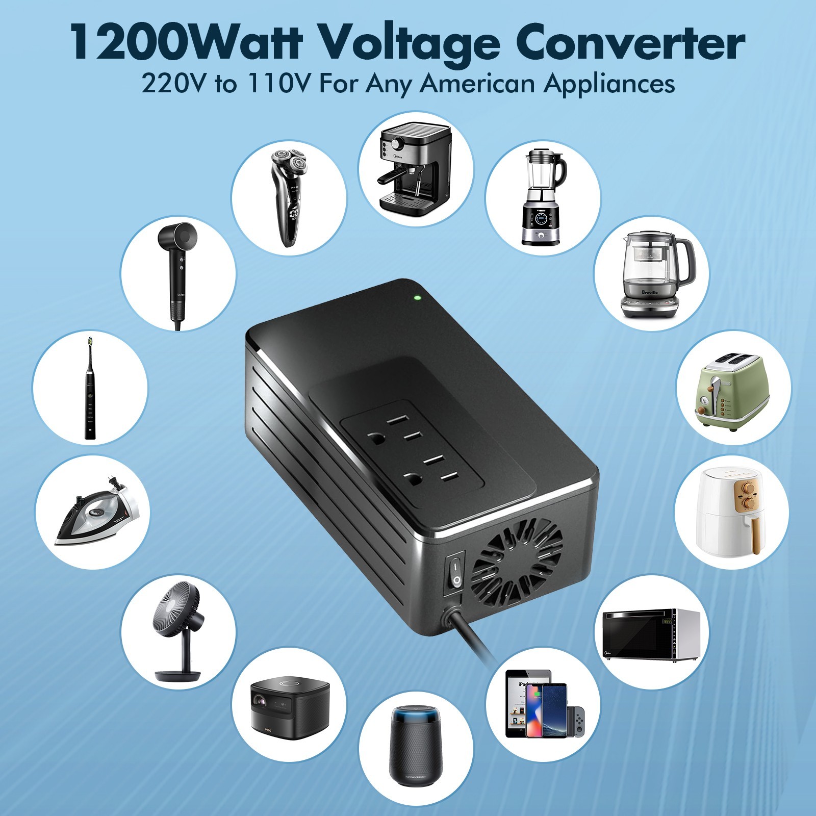 1200W Universal Travel Adapter Converter Step-Down 220V to 110V, Only 2 lbs