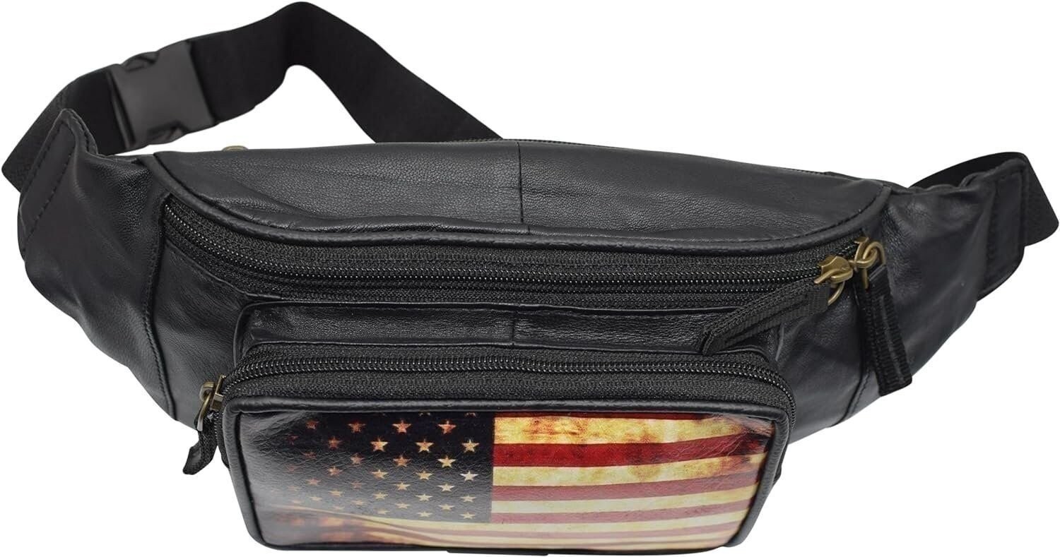 USA Flag Fanny Pack Genuine Leather American Waist Belt Bag & Crossbody Bag…