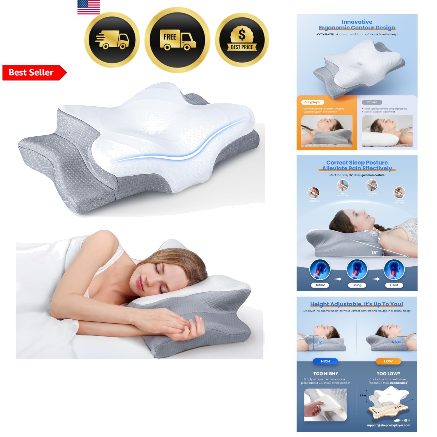 Orthopedic Neck Pillow Memory Foam Cooling Pillow for Side Back Stomach Sleepers