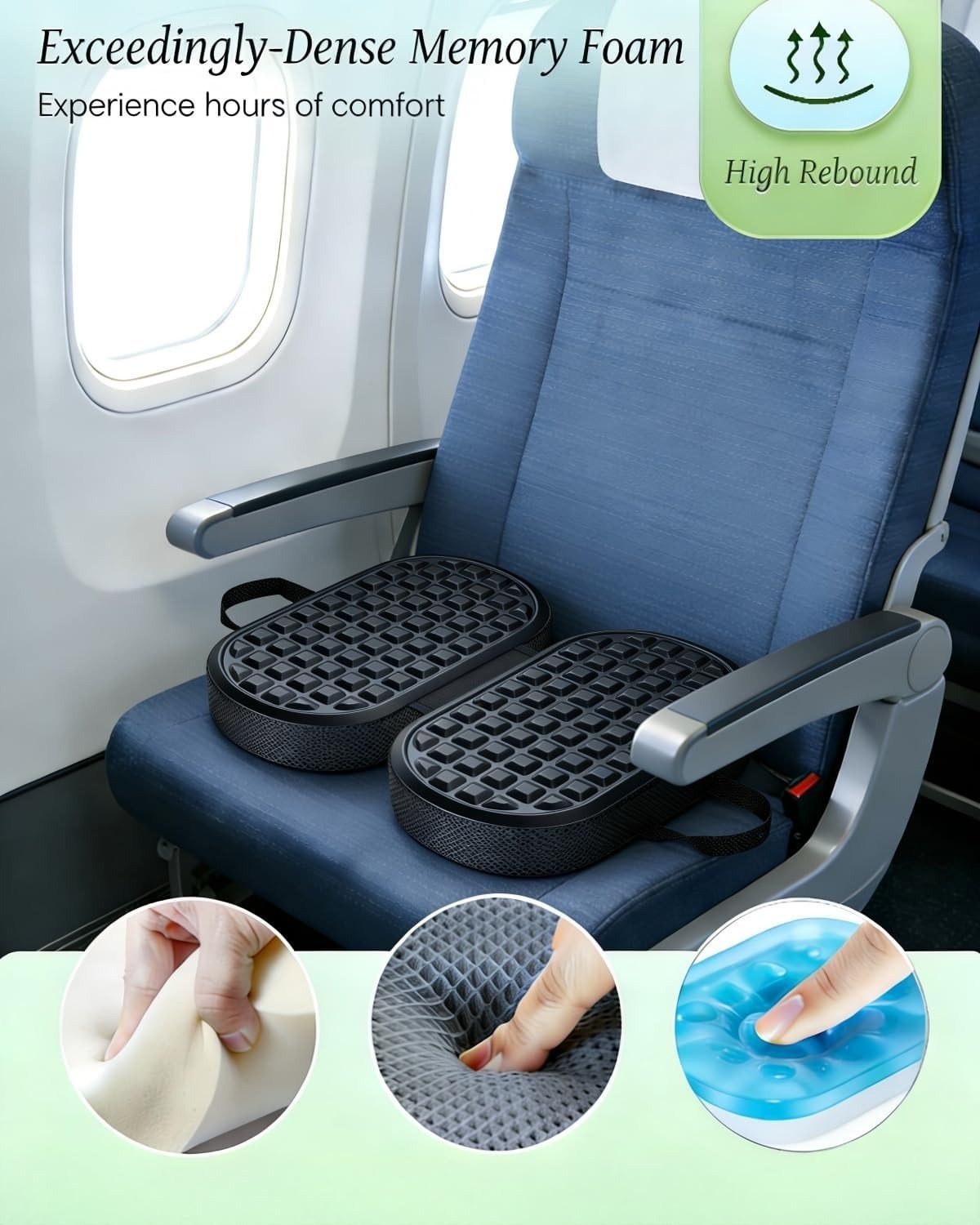 Jumbo Travel Seat Cushion Folding Cooling Gel Memory Foam Airplane Stadium Black