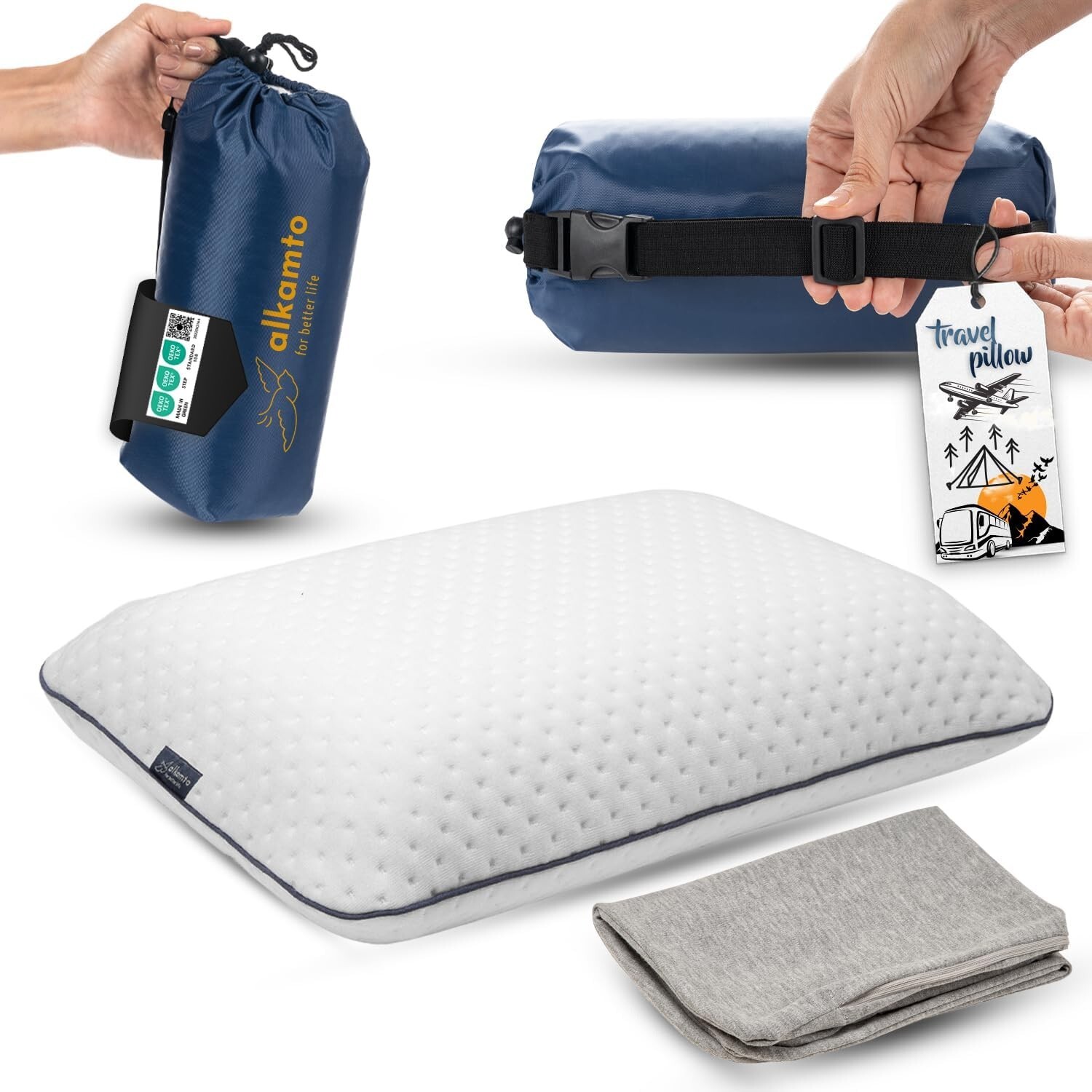 Memory Foam Pillow for Travel and Camping with Extra Cotton Cover Easy to Carry