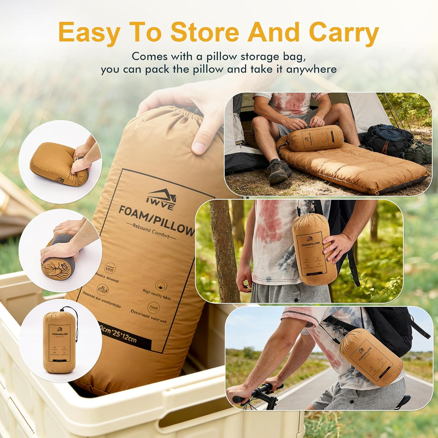 Thick Camping Memory Foam Pillow, Compressible & Ultralight Travel Pillow for Ba