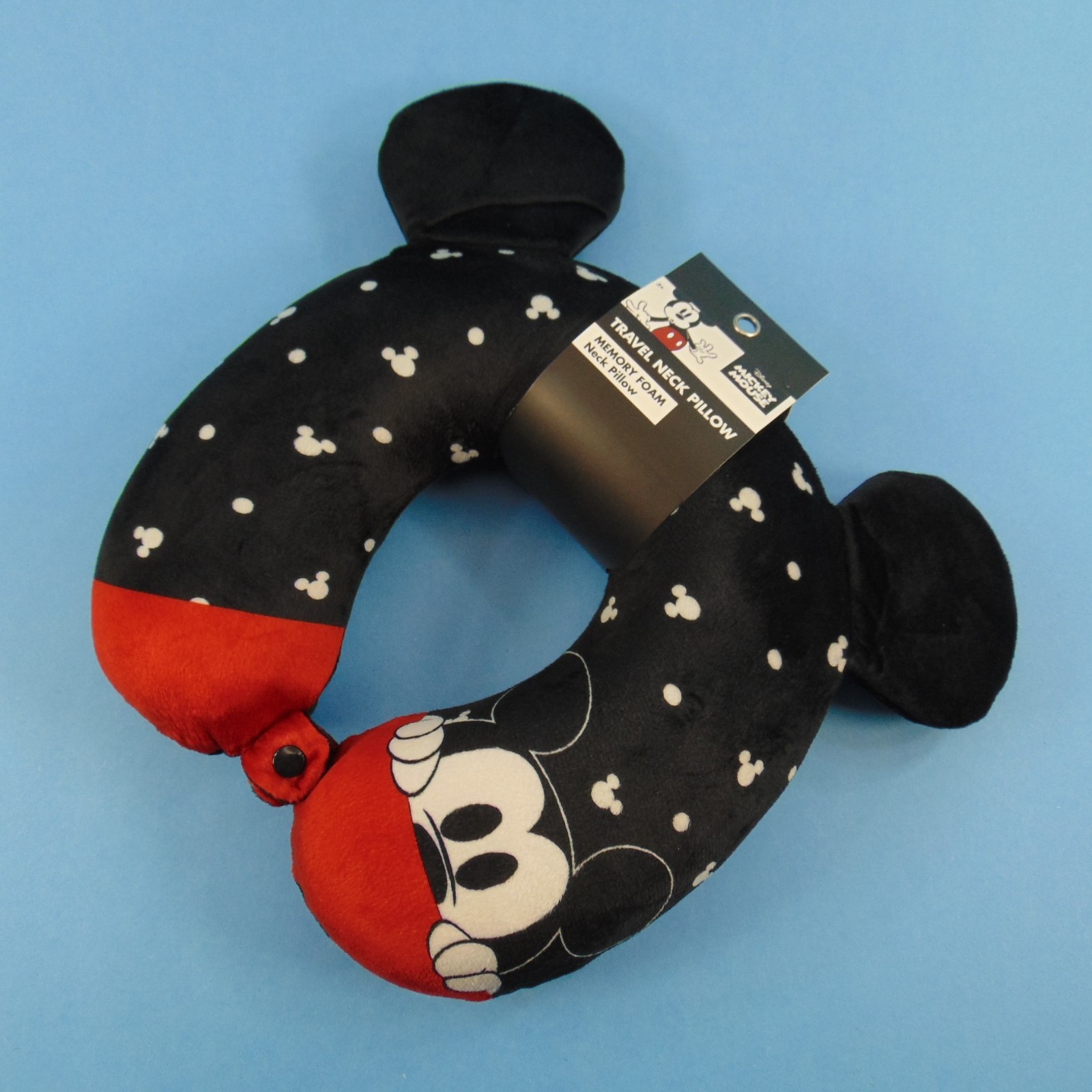 Disney Mickey Mouse Memory Foam Travel Neck Pillow Plush with Ears Snap Closure