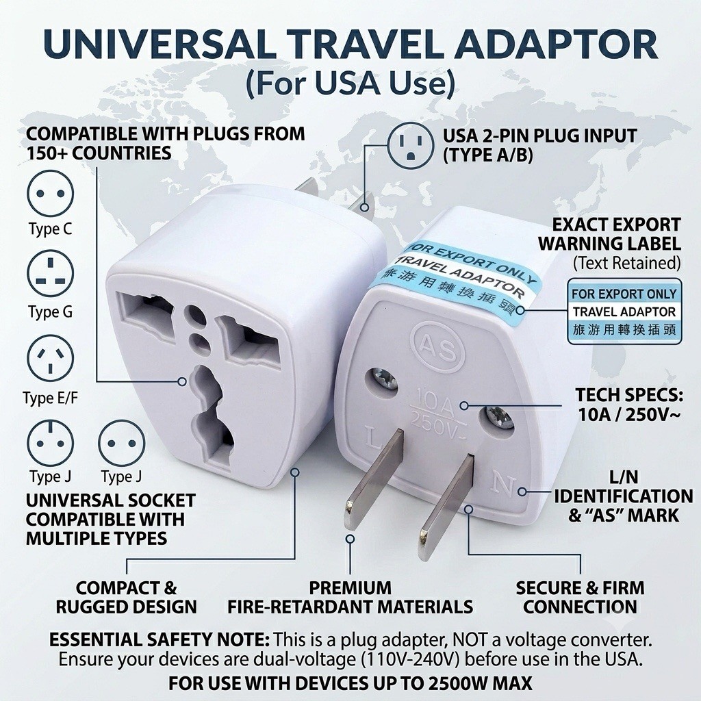 Universal Euro to US Travel Plug Adapter 10A 250V Heavy Duty Outlet Converter