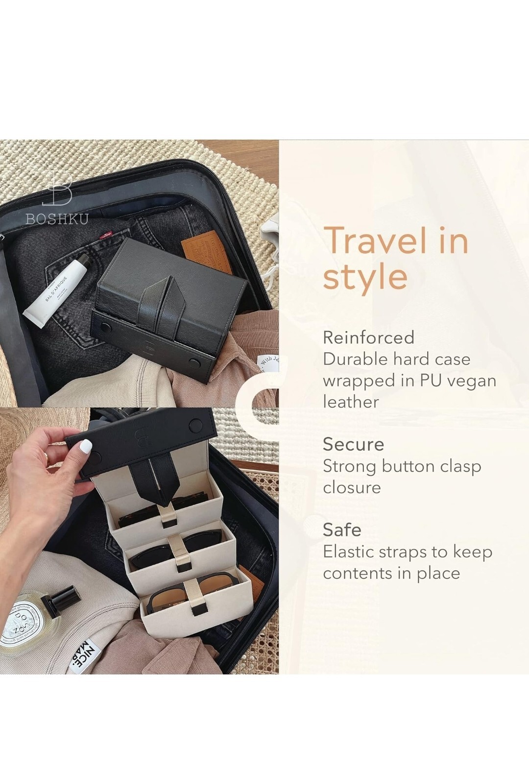 3in1 Travel Sunglasses Case Organizer – Compact Sunglasses Storage 3 SLOTS BEIGE