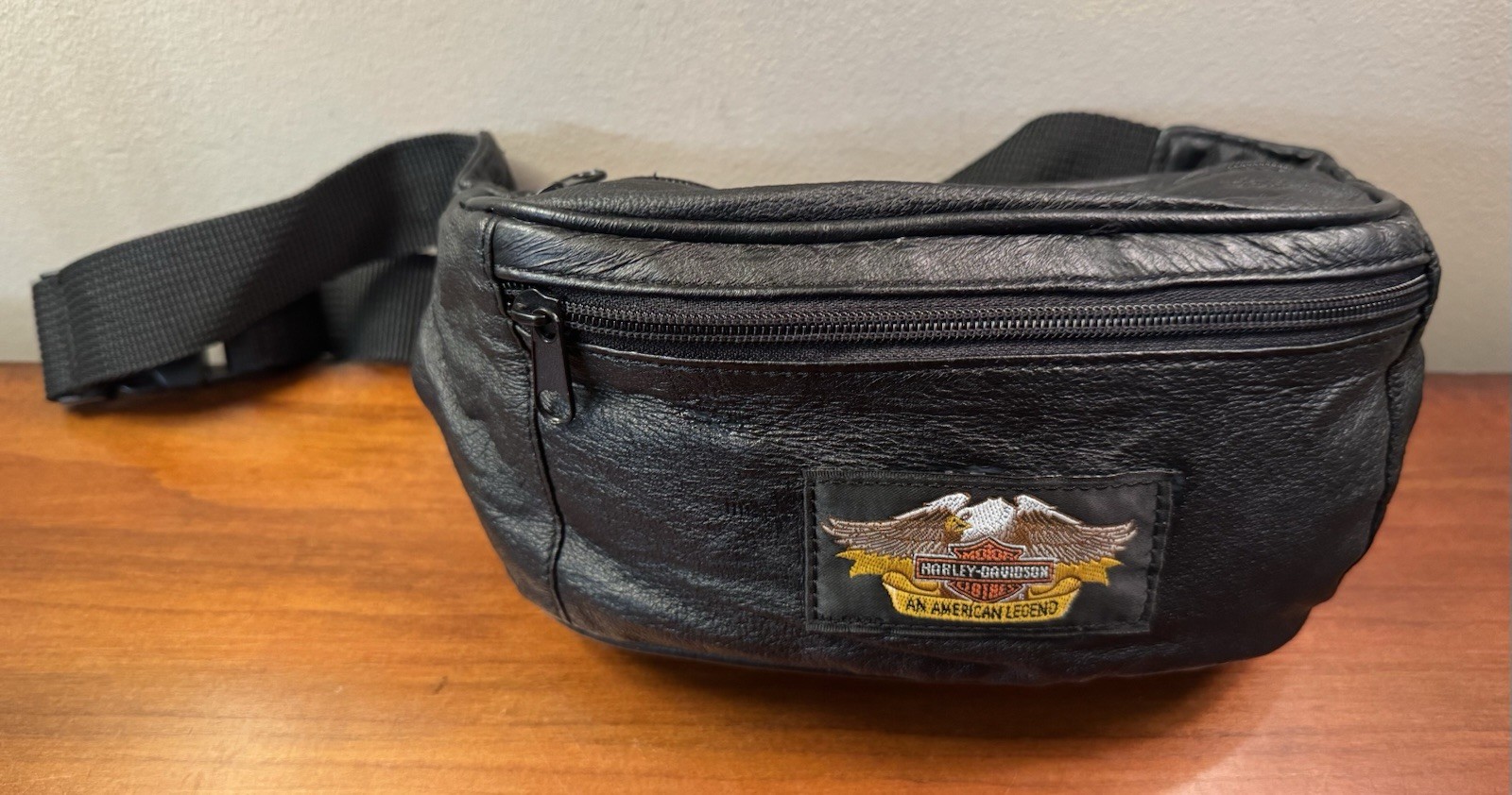 Harley Davidson Black Leather Fanny Pack Waist Belt Bag Adjustable Motorcycle