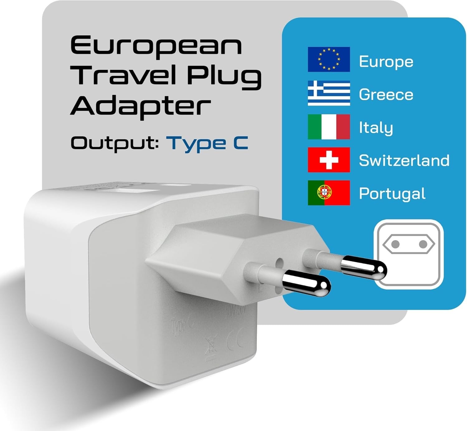 European Travel Power Adapter – Type C with Fast USB Charging for Modern Devices