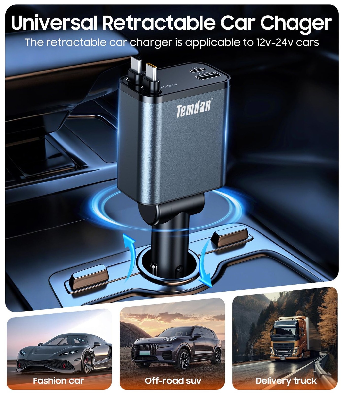 Retractable Car Charger, 4 in 1 Fast Charger USB C Car Truck Accessories for …