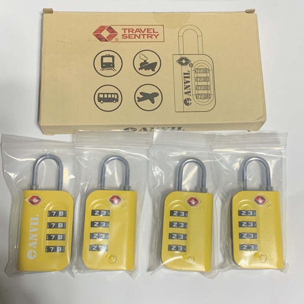 4 Pc TSA Approved Luggage Locks – 4 Digit Combination Steel Yellow Padlocks