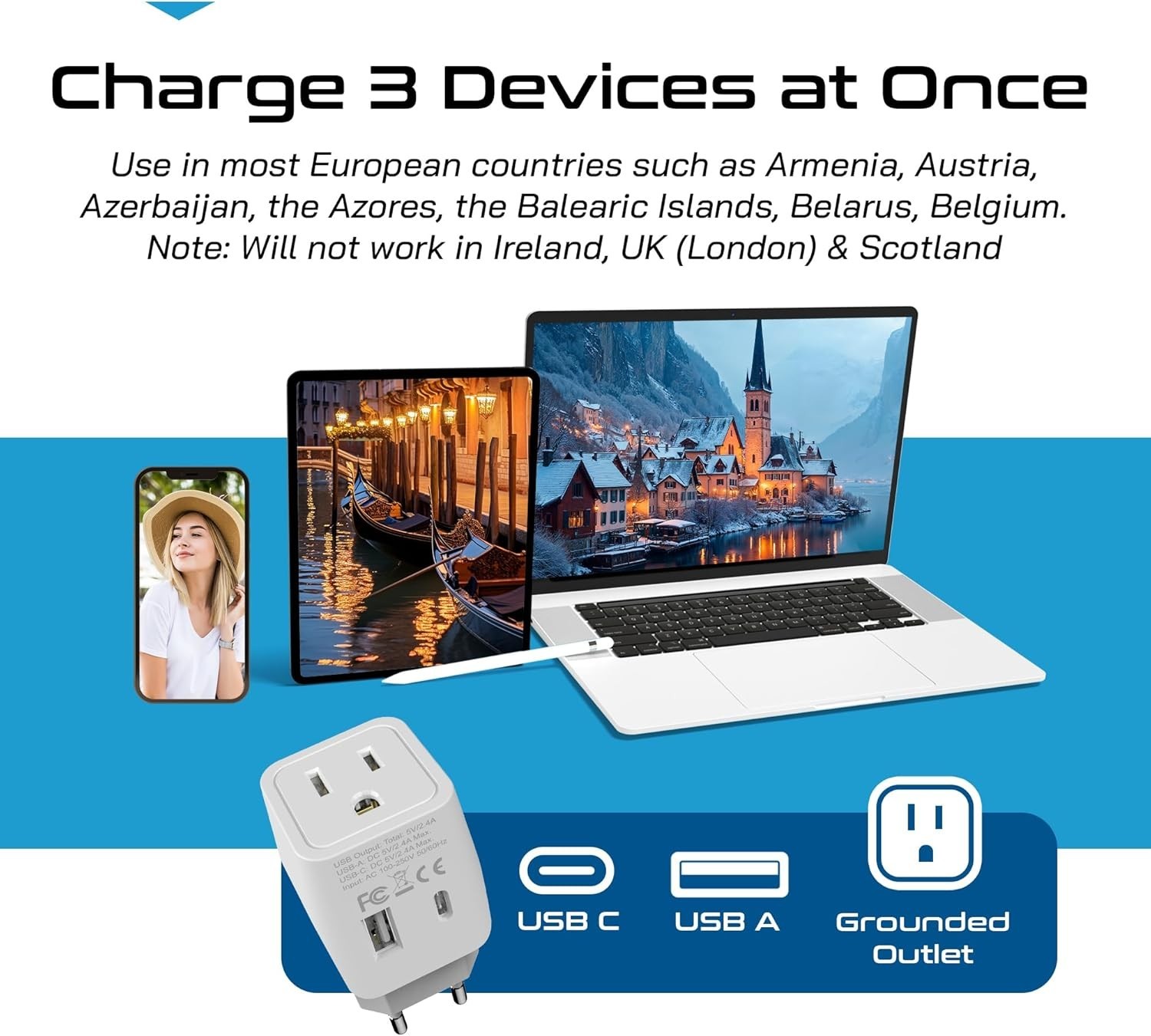 European Travel Power Adapter – Type C with Fast USB Charging for Modern Devices