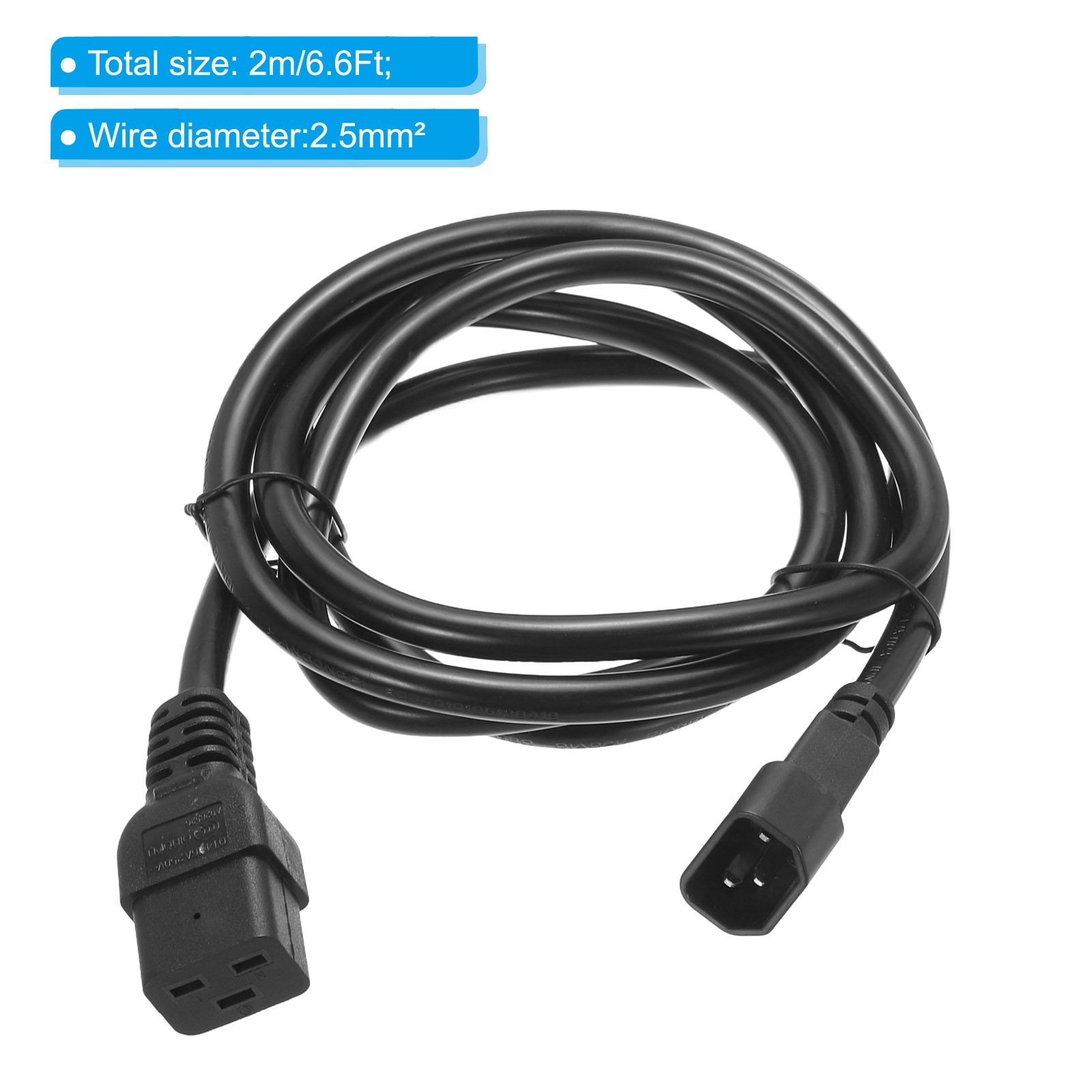 AC Power Cord 3 Prong C14 Male to C19 Female 2.5mm2 2m 6.6Ft 250V 10A 16A