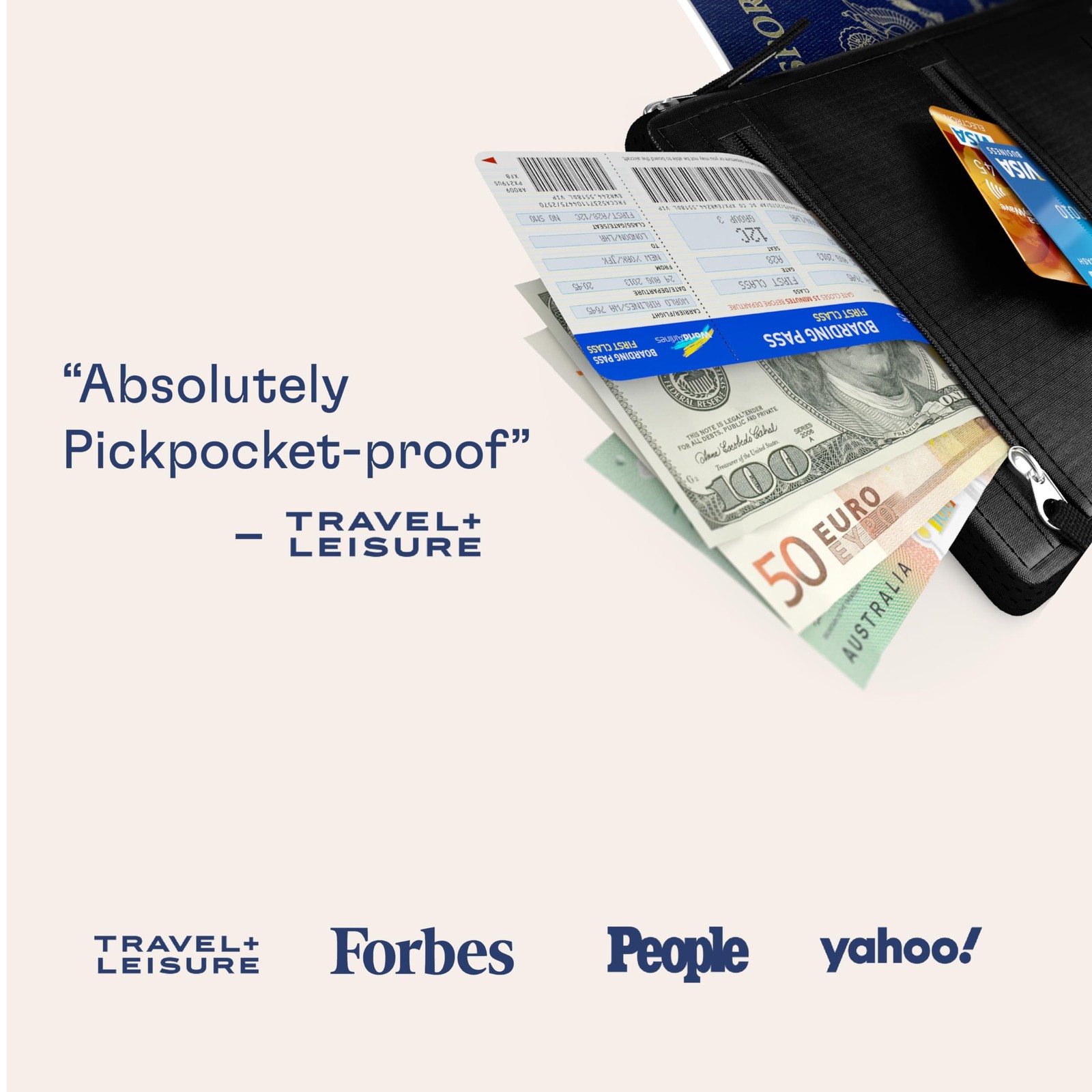 Hidden Travel Belt Wallet w/RFID Blocker Black with Black Strap
