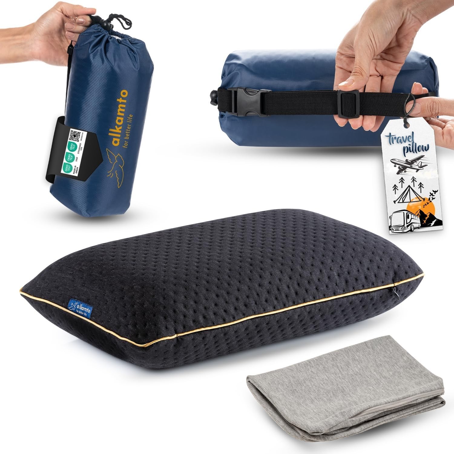 Memory Foam Pillow for Travel and Camping with Extra Cotton Cover Easy to Carry