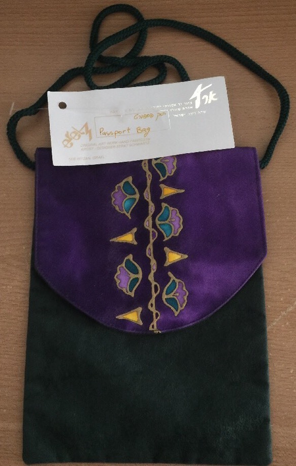 Efrat Schwartz Passport bag hand painted Israel purple green floral NWT 6×8″