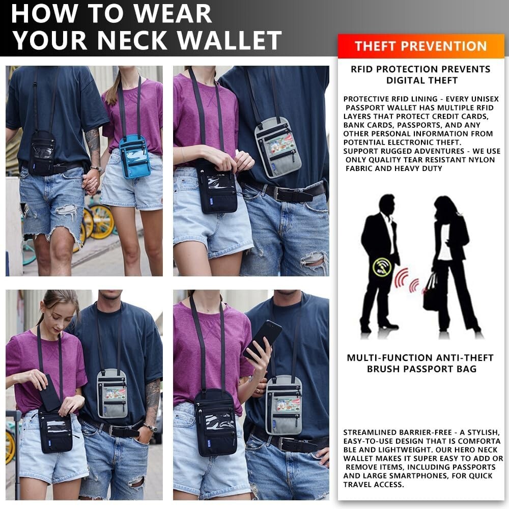 Anti-Theft RFID Blocking Passport Holder Neck Stash Travel Hidden Wallet Pouch
