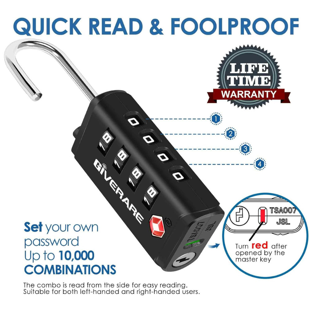 4 Pack TSA Approved Travel Luggage Locks 4-Digit, Open Alert Suitcase Combinatio