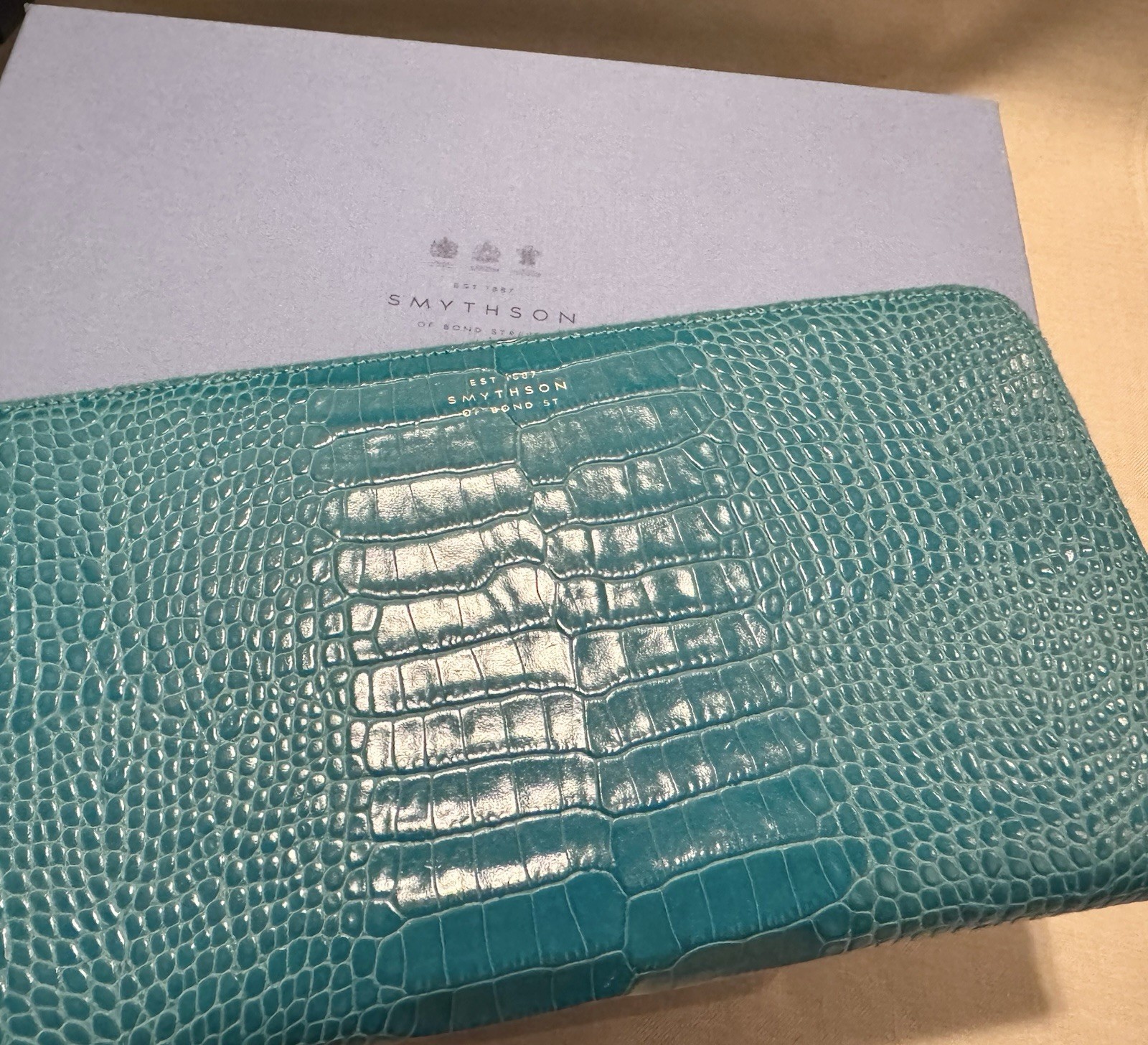 Smythson of Bond Street Crocodile Embossed Teal Travel Wallet w Passport Holder