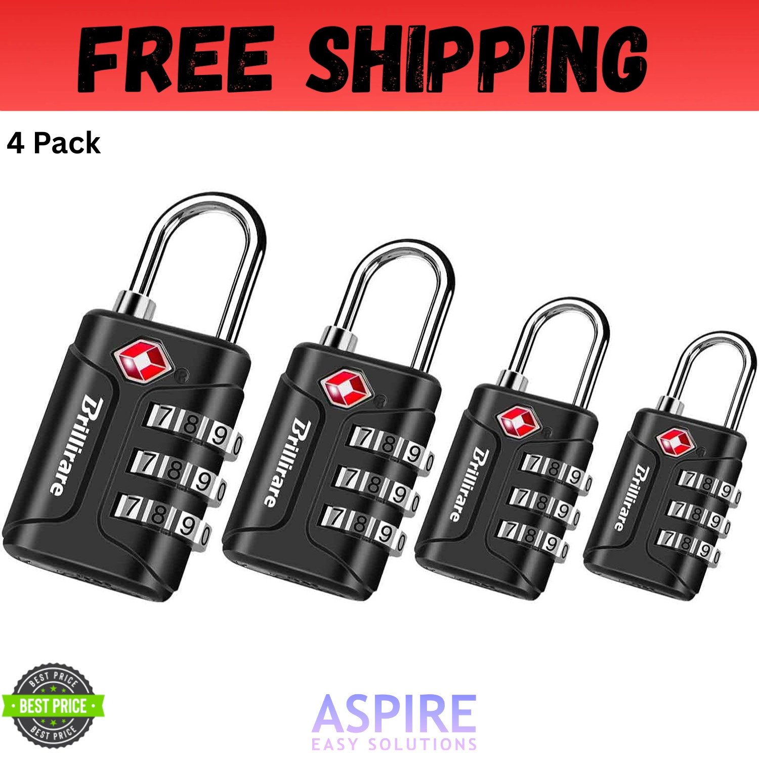 4 Pack TSA Approved Luggage Locks, Combination Travel Padlock, 3-Digit Waterproo