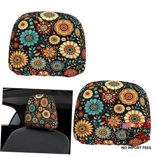 Boho Floral Black Car Headrest Cover – Soft Elastic 11″x10″ – Set of 2