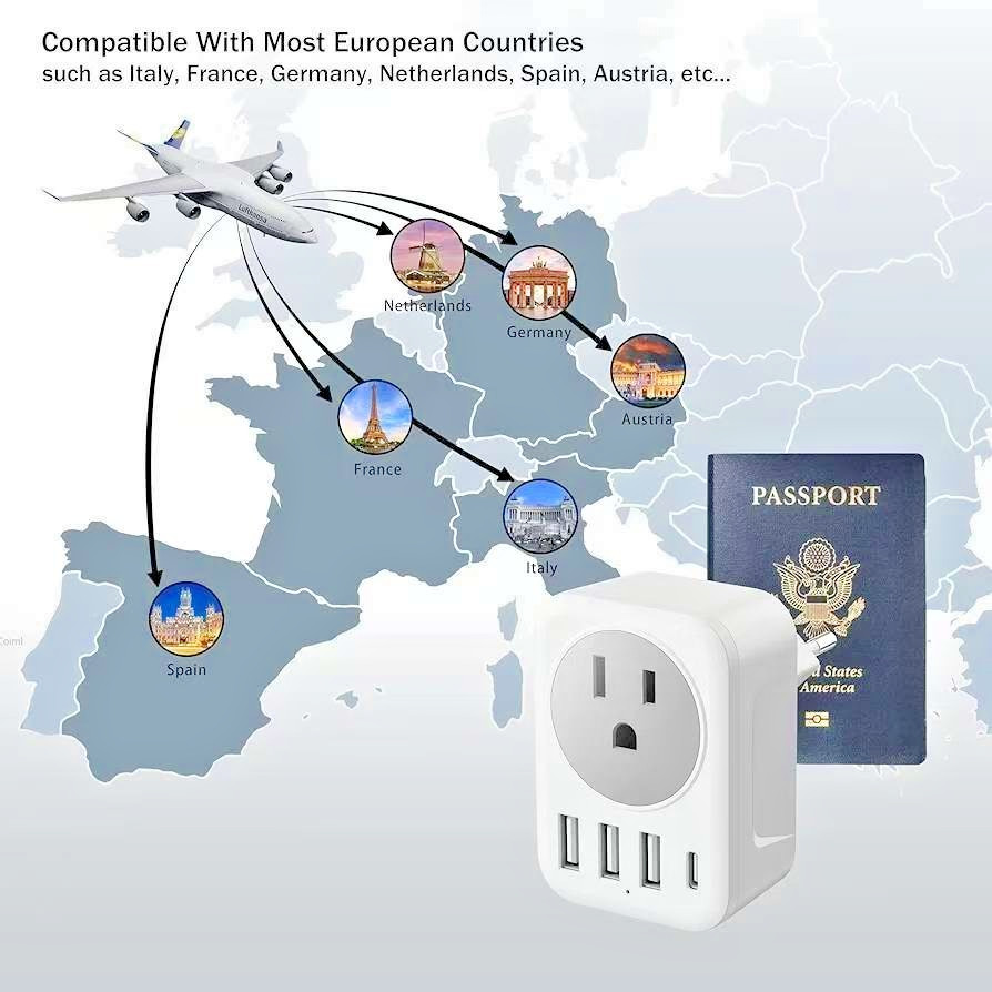 Universal EU Travel Adapter USB-C 2500W 10A 5-Port European Plug