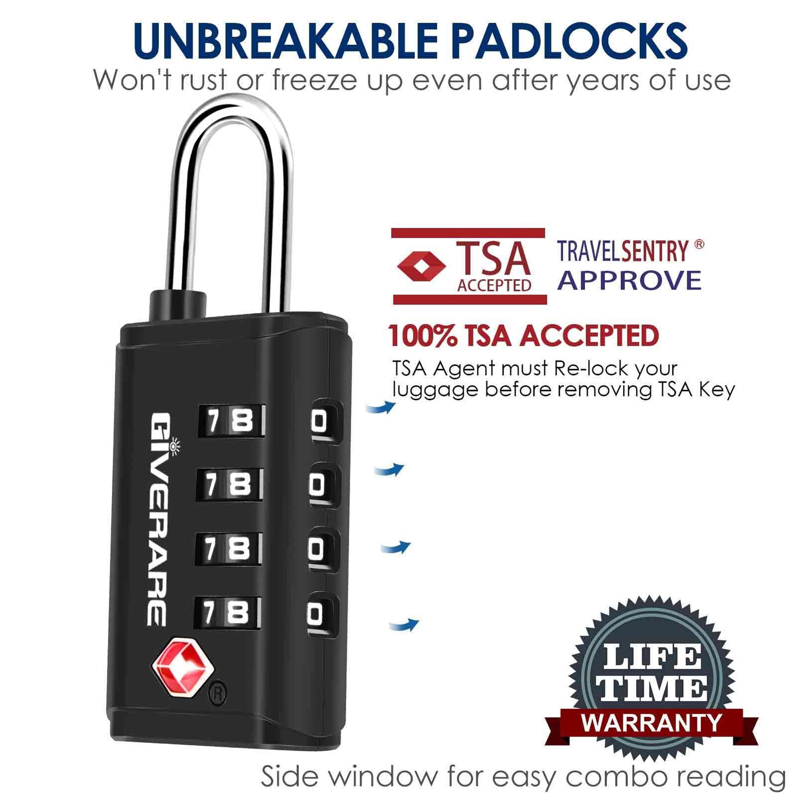 4 Pack TSA Approved Travel Luggage Locks 4-Digit, Open Alert Suitcase Combinatio