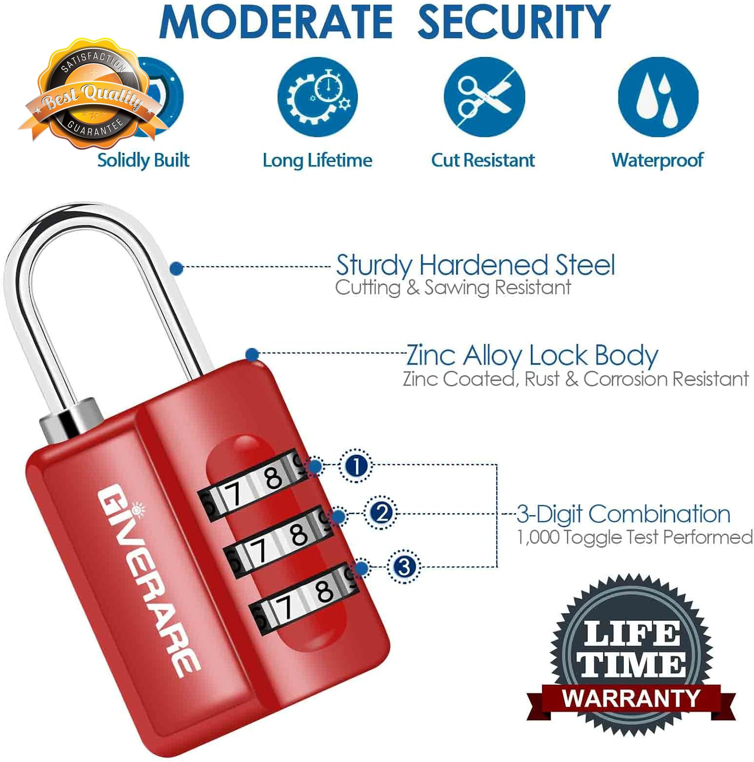3 Digit Combination Lock 4 Pack Resettable Padlock Luggage Gym Lock Red