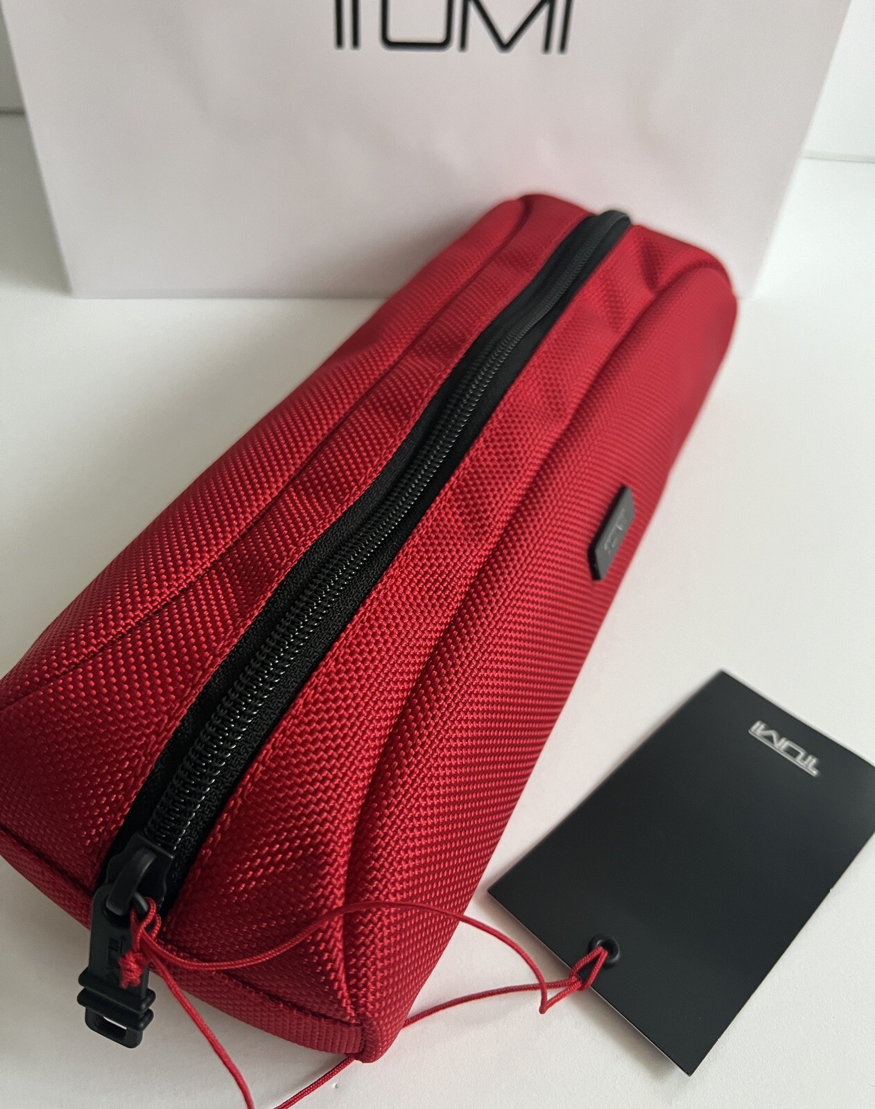 Tumi Red Black Travel Accessory Zipper Small Cord Pouch Bag