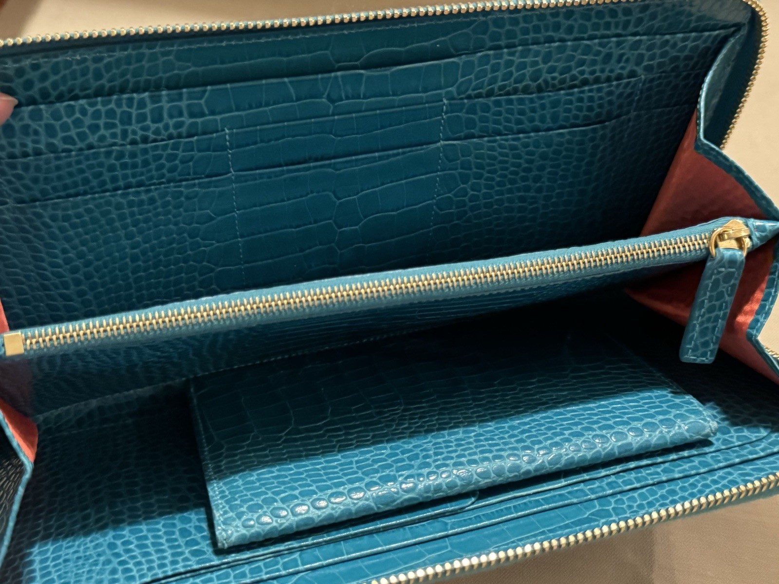 Smythson of Bond Street Crocodile Embossed Teal Travel Wallet w Passport Holder