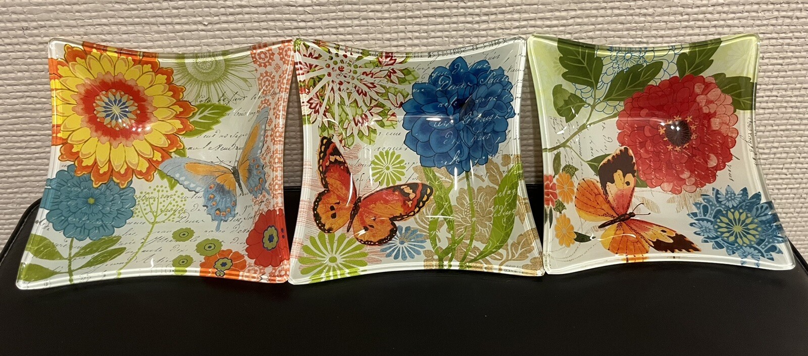 Lot of 3 Prima Design Reversed Painted Glass Trays – Butterflies – J. Brinley