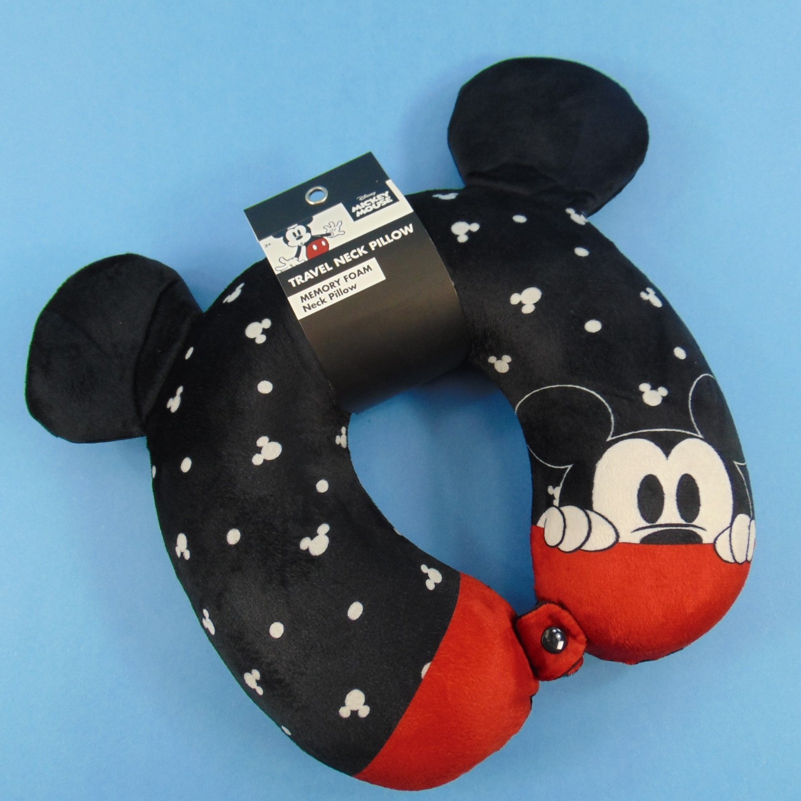 Disney Mickey Mouse Memory Foam Travel Neck Pillow Plush with Ears Snap Closure
