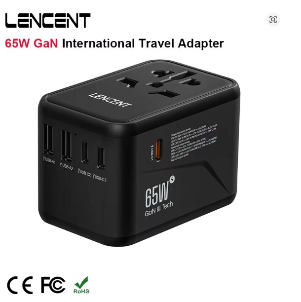 LENCENT 65W/100W GaN International Travel Adapter with 2USB 3 Type C GaN