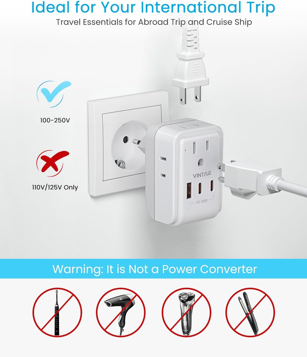 2 Pack European Travel Plug Adapter, PD 35W Foldable Type C Adapter with 4 AC O