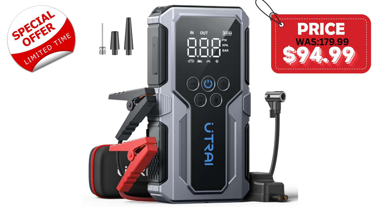 UTRAI 4000A Car Jump Starter with Air Compressor 150PSI, 18W QC Power Bank, 12V